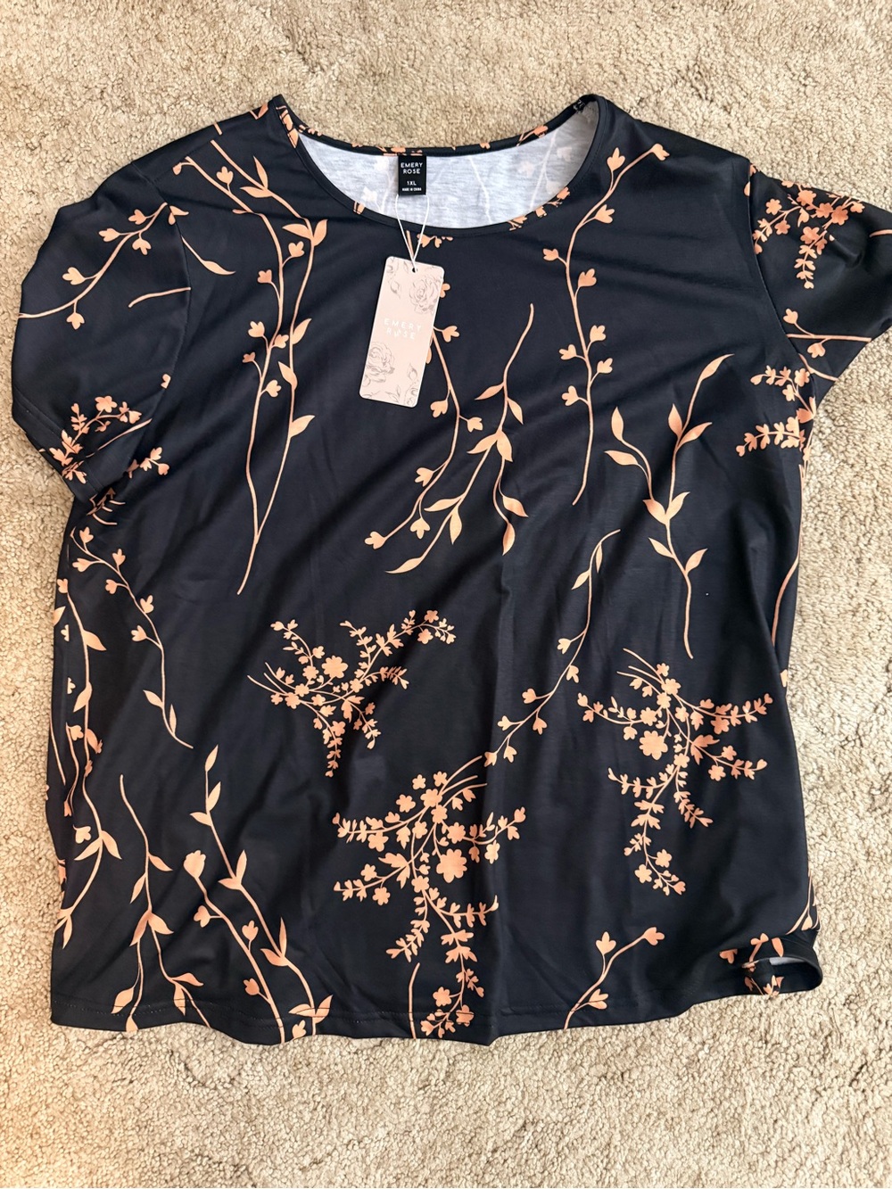 EveryWear Black Short-Sleeve Tee with Peach Floral Vine Print